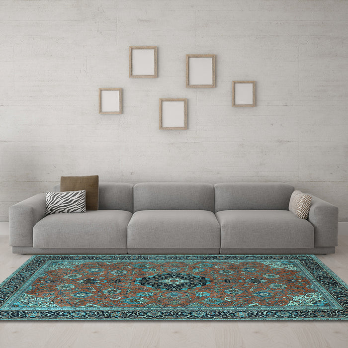 Machine Washable Medallion Light Blue Traditional Rug in a Living Room, wshtr1647lblu