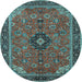 Round Machine Washable Medallion Light Blue Traditional Rug, wshtr1647lblu