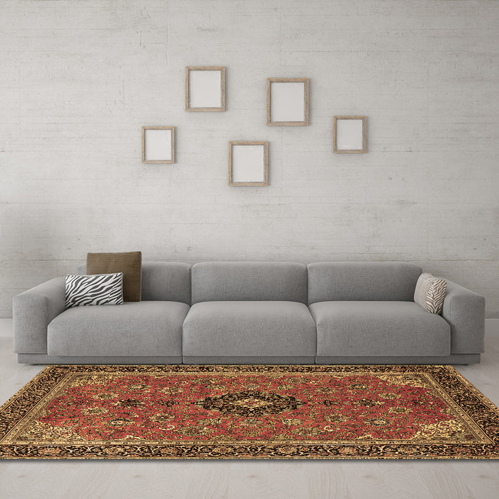 Machine Washable Medallion Brown Traditional Rug in a Living Room,, wshtr1647brn