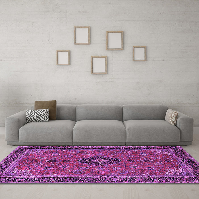 Machine Washable Medallion Purple Traditional Area Rugs in a Living Room, wshtr1647pur