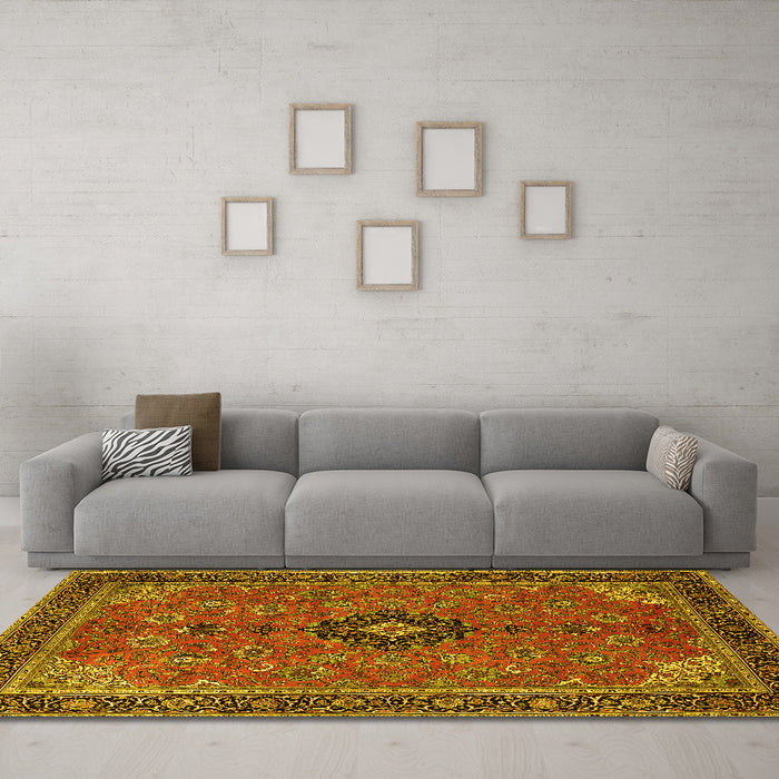 Machine Washable Medallion Yellow Traditional Rug in a Living Room, wshtr1647yw