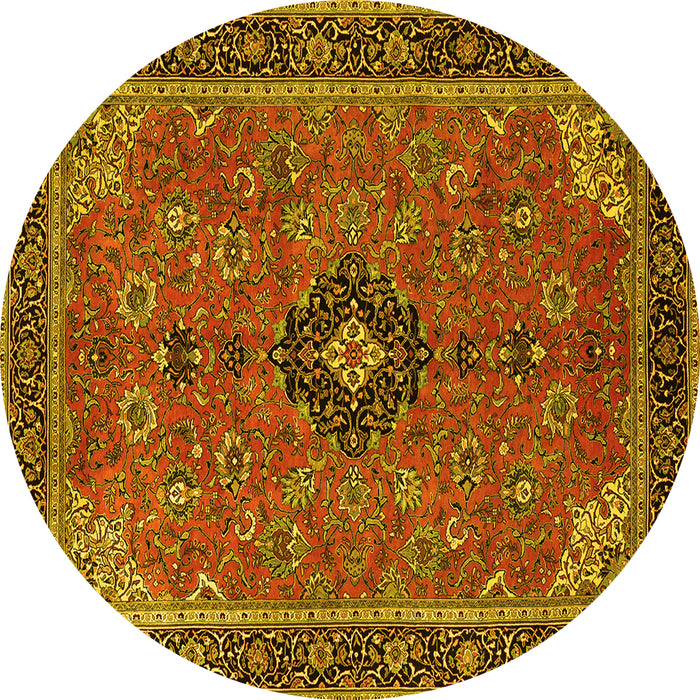 Round Machine Washable Medallion Yellow Traditional Rug, wshtr1647yw