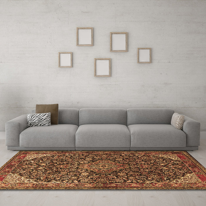 Machine Washable Medallion Brown Traditional Rug in a Living Room,, wshtr1648brn