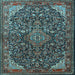 Square Machine Washable Medallion Light Blue Traditional Rug, wshtr1648lblu