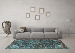Machine Washable Medallion Light Blue Traditional Rug in a Living Room, wshtr1648lblu