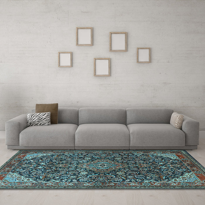 Machine Washable Medallion Light Blue Traditional Rug in a Living Room, wshtr1648lblu