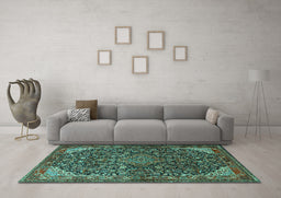 Machine Washable Medallion Turquoise Traditional Area Rugs in a Living Room,, wshtr1648turq
