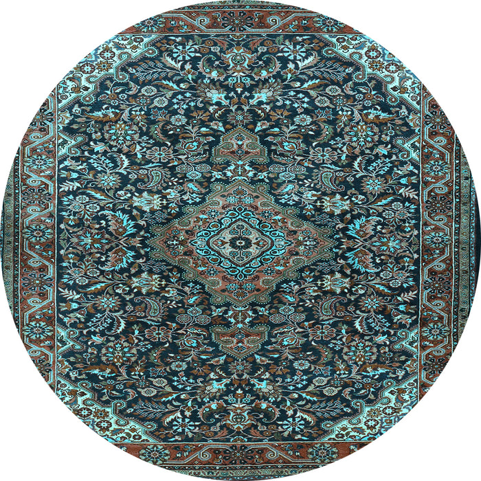 Round Machine Washable Medallion Light Blue Traditional Rug, wshtr1648lblu