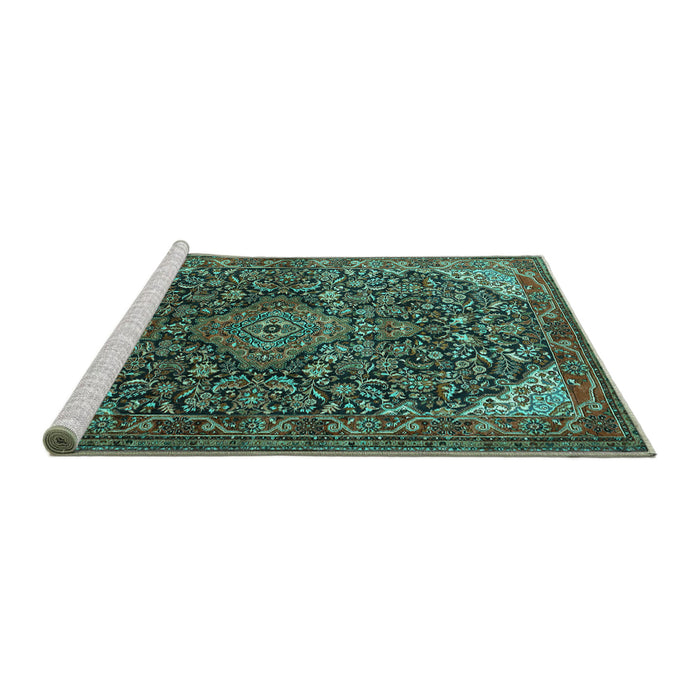 Sideview of Machine Washable Medallion Turquoise Traditional Area Rugs, wshtr1648turq