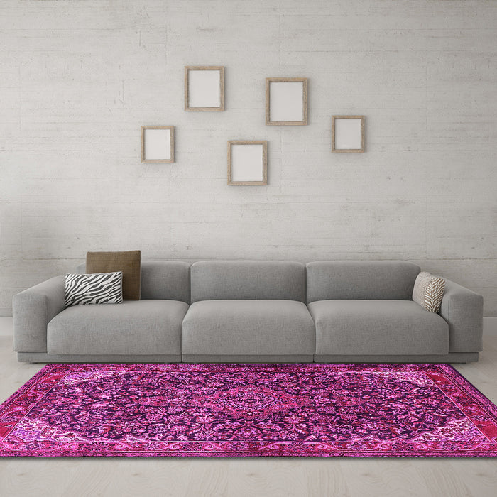 Machine Washable Medallion Pink Traditional Rug in a Living Room, wshtr1648pnk