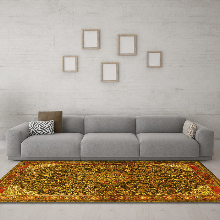 Machine Washable Medallion Yellow Traditional Rug in a Living Room, wshtr1648yw