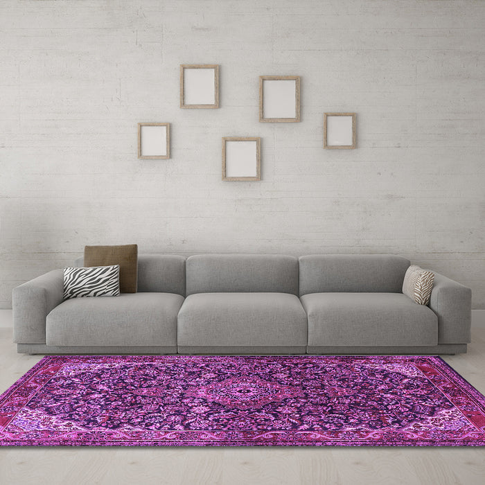 Machine Washable Medallion Purple Traditional Area Rugs in a Living Room, wshtr1648pur