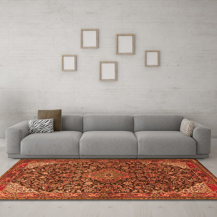 Machine Washable Medallion Orange Traditional Area Rugs in a Living Room, wshtr1648org