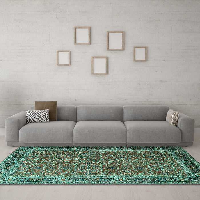 Machine Washable Persian Turquoise Traditional Area Rugs in a Living Room,, wshtr1649turq