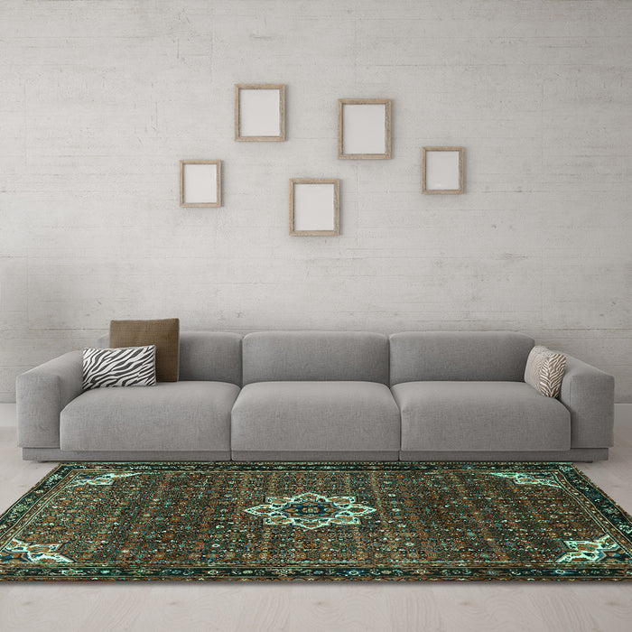 Machine Washable Medallion Turquoise Traditional Area Rugs in a Living Room,, wshtr1650turq