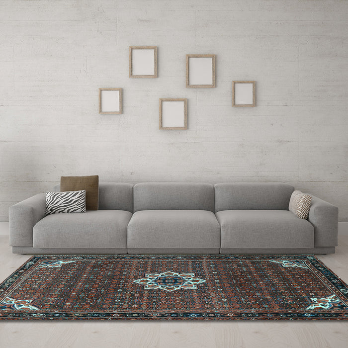 Machine Washable Medallion Light Blue Traditional Rug in a Living Room, wshtr1650lblu