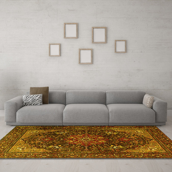 Machine Washable Medallion Yellow Traditional Rug in a Living Room, wshtr1651yw