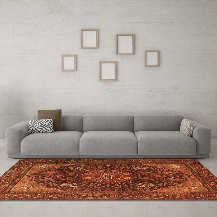 Machine Washable Medallion Orange Traditional Area Rugs in a Living Room, wshtr1651org