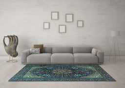 Machine Washable Medallion Light Blue Traditional Rug in a Living Room, wshtr1651lblu