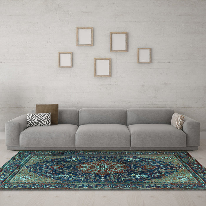 Machine Washable Medallion Light Blue Traditional Rug in a Living Room, wshtr1651lblu