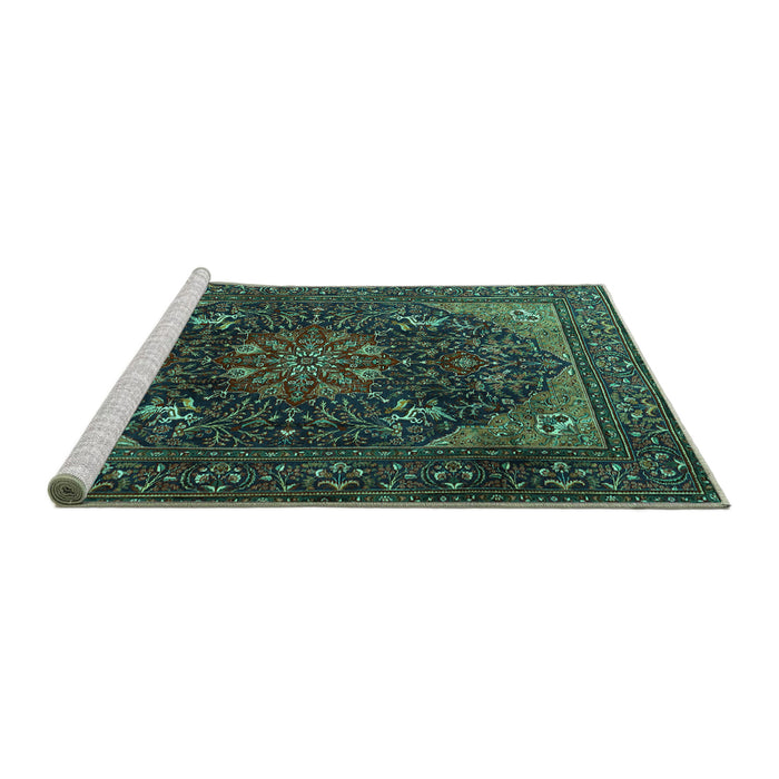 Sideview of Machine Washable Medallion Turquoise Traditional Area Rugs, wshtr1651turq