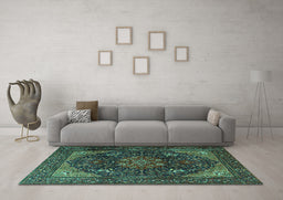 Machine Washable Medallion Turquoise Traditional Area Rugs in a Living Room,, wshtr1651turq
