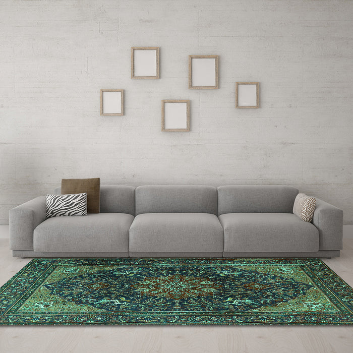Machine Washable Medallion Turquoise Traditional Area Rugs in a Living Room,, wshtr1651turq