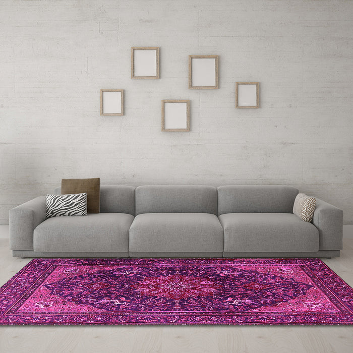 Machine Washable Medallion Pink Traditional Rug in a Living Room, wshtr1651pnk