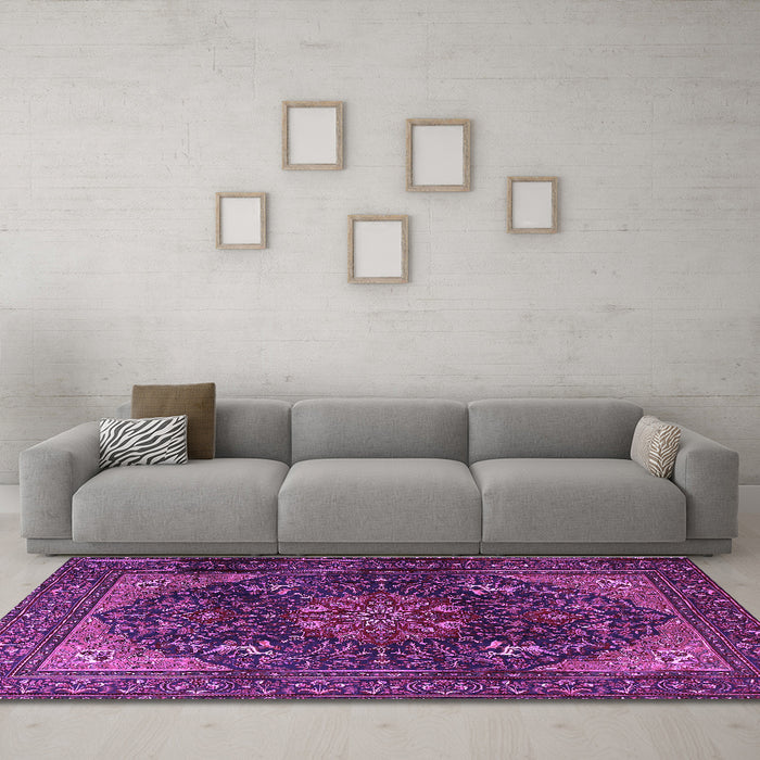 Machine Washable Medallion Purple Traditional Area Rugs in a Living Room, wshtr1651pur