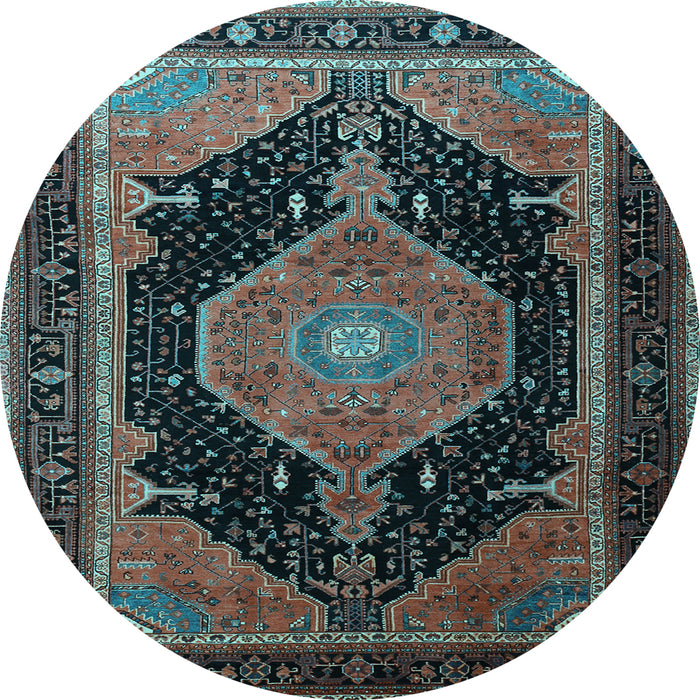 Round Machine Washable Medallion Light Blue Traditional Rug, wshtr1652lblu