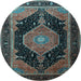 Round Machine Washable Medallion Light Blue Traditional Rug, wshtr1652lblu