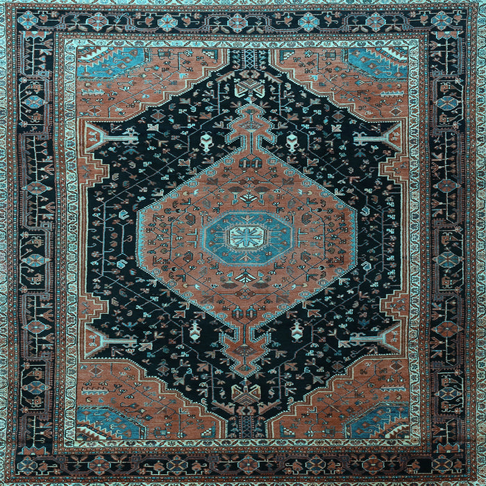 Square Machine Washable Medallion Light Blue Traditional Rug, wshtr1652lblu