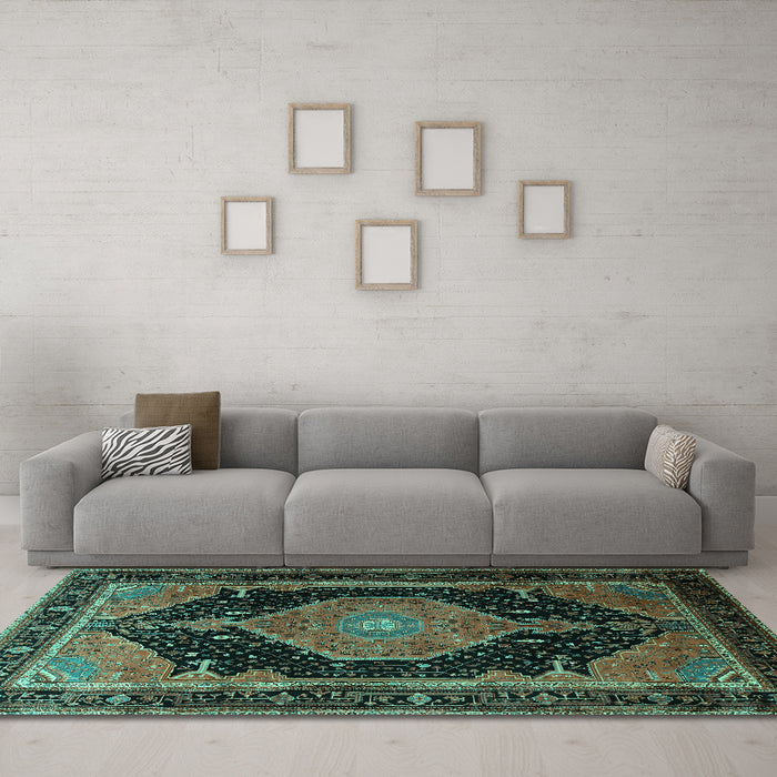 Machine Washable Medallion Turquoise Traditional Area Rugs in a Living Room,, wshtr1652turq