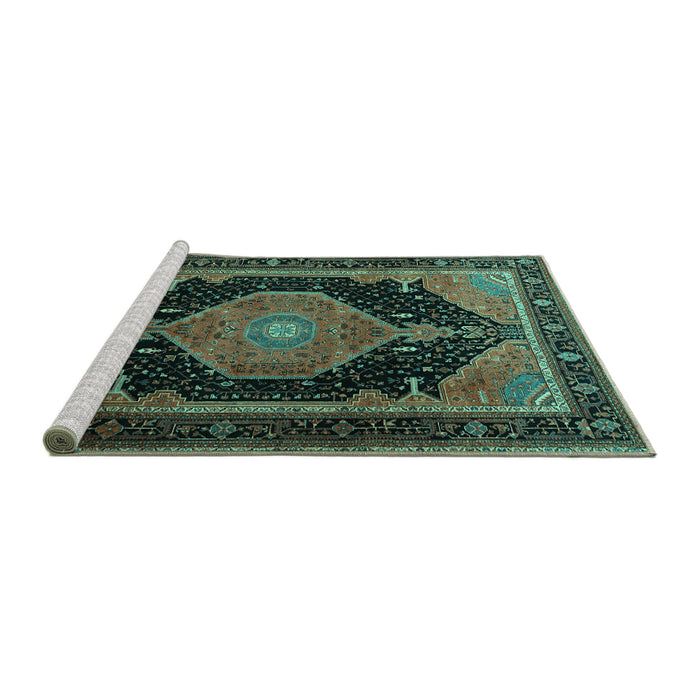 Sideview of Machine Washable Medallion Turquoise Traditional Area Rugs, wshtr1652turq