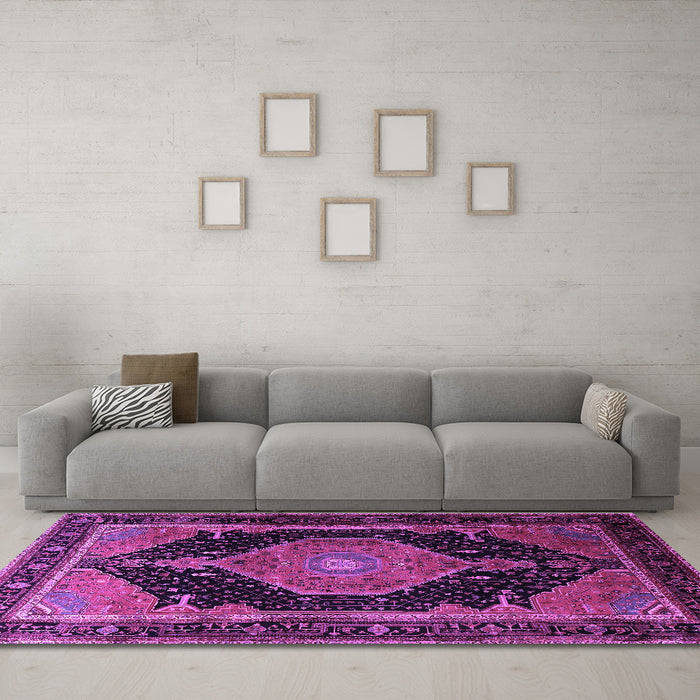 Machine Washable Medallion Purple Traditional Area Rugs in a Living Room, wshtr1652pur