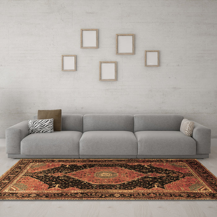 Machine Washable Medallion Brown Traditional Rug in a Living Room,, wshtr1652brn