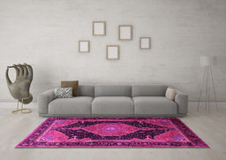 Machine Washable Medallion Pink Traditional Rug in a Living Room, wshtr1652pnk
