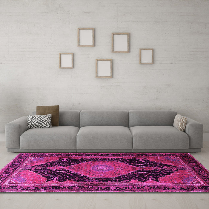 Machine Washable Medallion Pink Traditional Rug in a Living Room, wshtr1652pnk