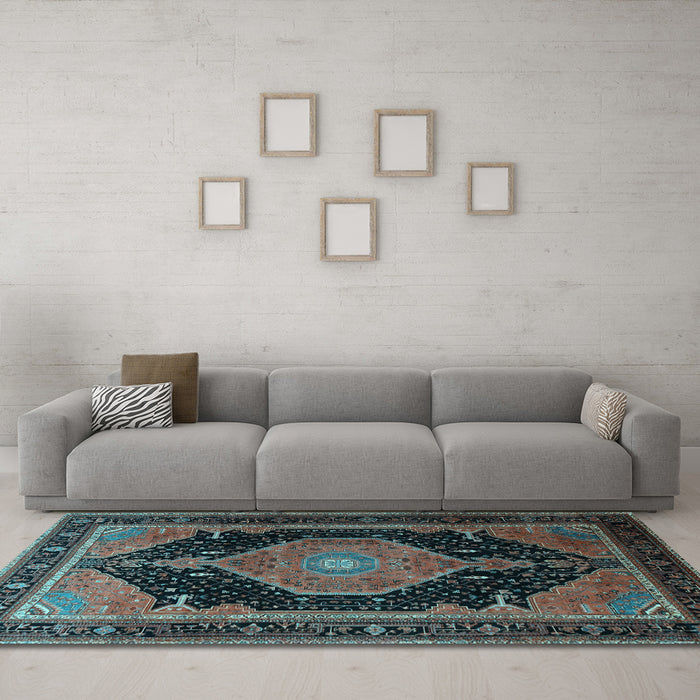 Machine Washable Medallion Light Blue Traditional Rug in a Living Room, wshtr1652lblu