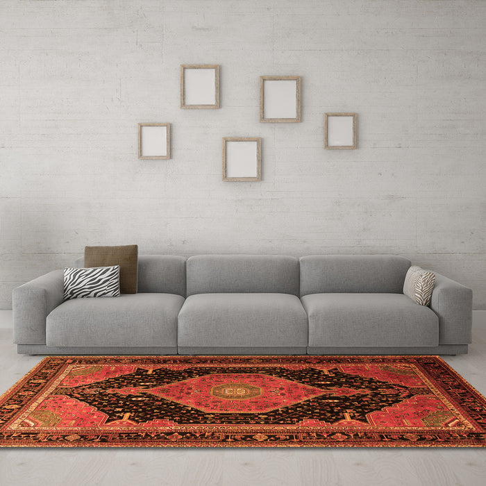 Machine Washable Medallion Orange Traditional Area Rugs in a Living Room, wshtr1652org