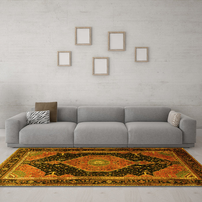 Machine Washable Medallion Yellow Traditional Rug in a Living Room, wshtr1652yw