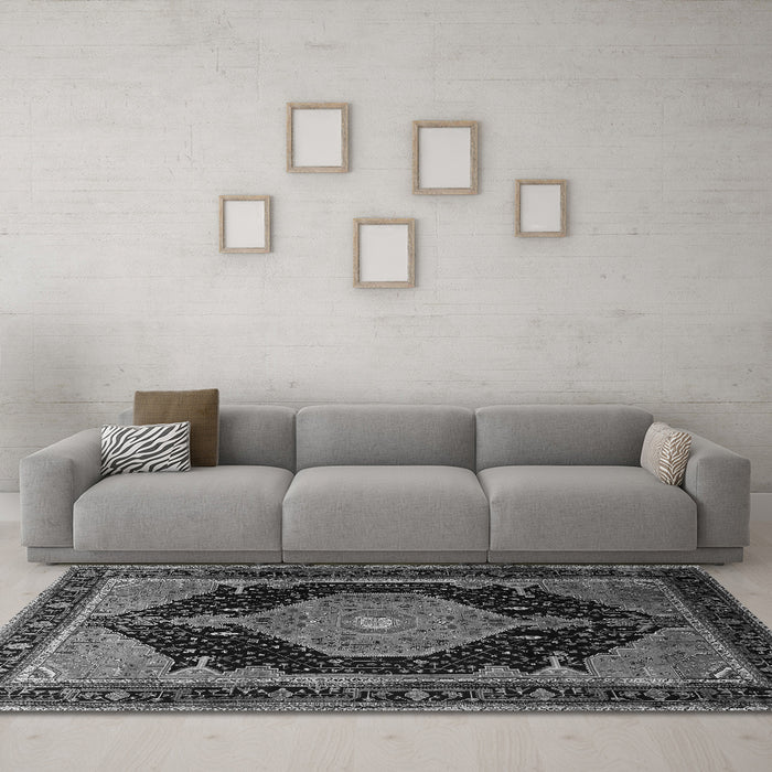 Machine Washable Medallion Gray Traditional Rug in a Living Room,, wshtr1652gry