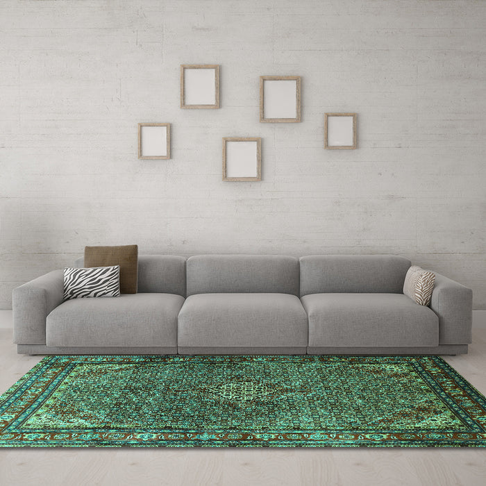 Machine Washable Persian Turquoise Traditional Area Rugs in a Living Room,, wshtr1654turq