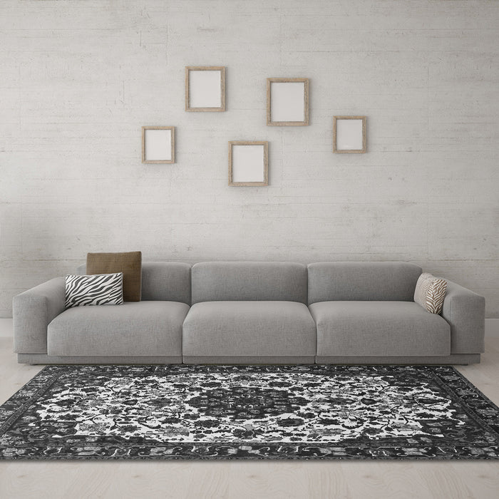 Machine Washable Medallion Gray Traditional Rug in a Living Room,, wshtr1656gry