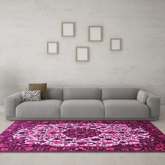 Machine Washable Medallion Pink Traditional Rug in a Living Room, wshtr1656pnk