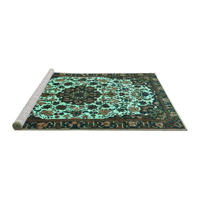 Sideview of Machine Washable Medallion Turquoise Traditional Area Rugs, wshtr1656turq