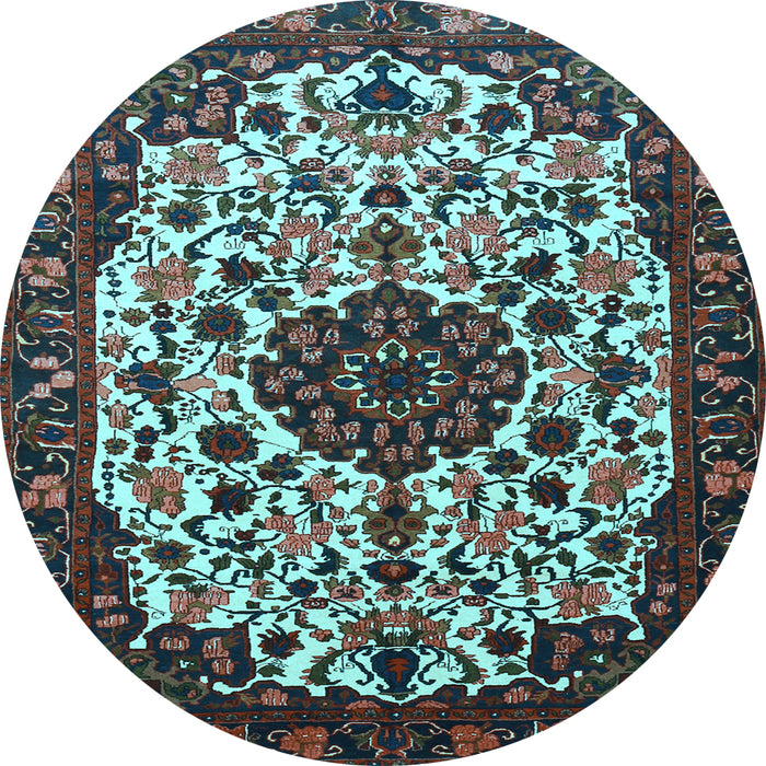 Round Machine Washable Medallion Light Blue Traditional Rug, wshtr1656lblu