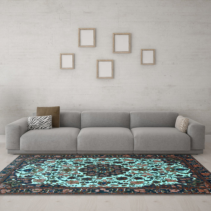 Machine Washable Medallion Light Blue Traditional Rug in a Living Room, wshtr1656lblu