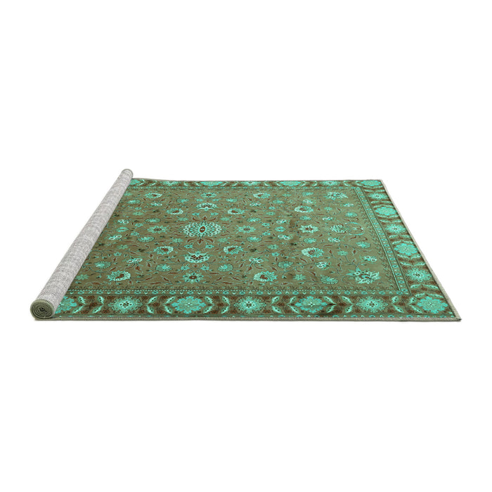 Sideview of Machine Washable Persian Turquoise Traditional Area Rugs, wshtr1658turq