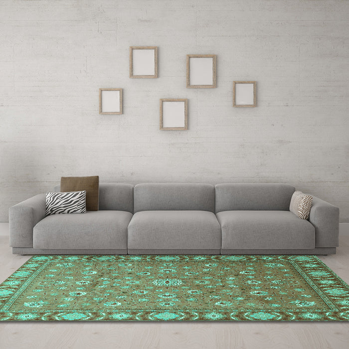 Machine Washable Persian Turquoise Traditional Area Rugs in a Living Room,, wshtr1658turq